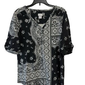 Chico's Black and White Graphic Short Sleeves  Blouse Top Size 0 V-neck Henley